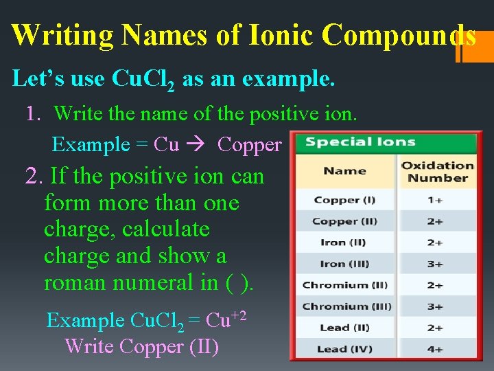 Writing Names of Ionic Compounds Let’s use Cu. Cl 2 as an example. 1.