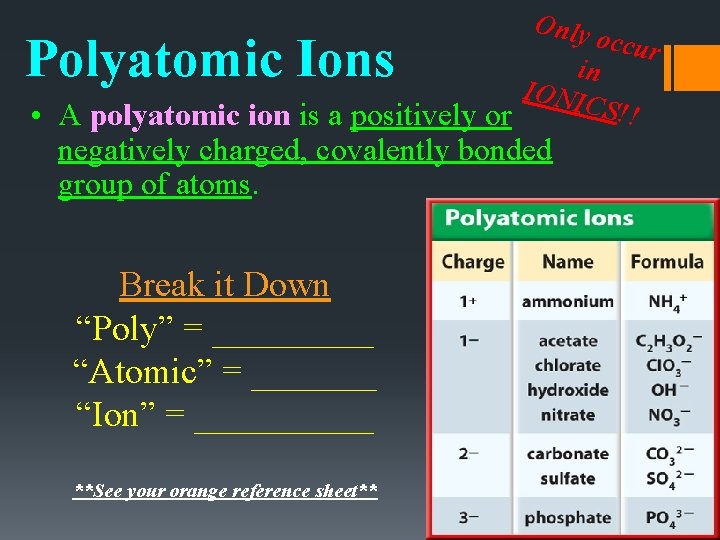 Only occur in IONI CS!! • A polyatomic ion is a positively or Polyatomic