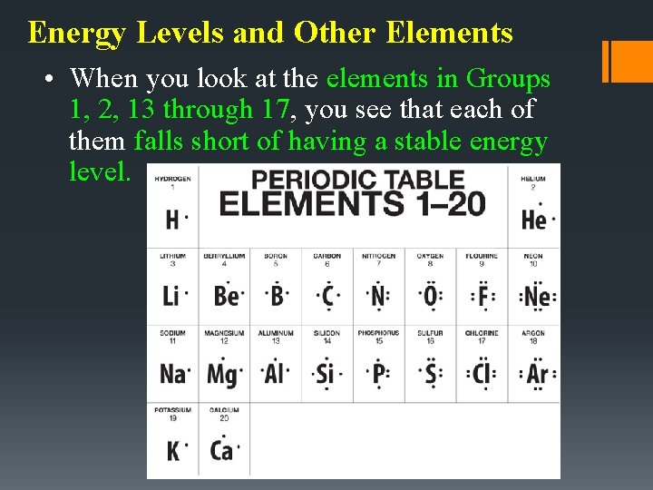 Energy Levels and Other Elements • When you look at the elements in Groups