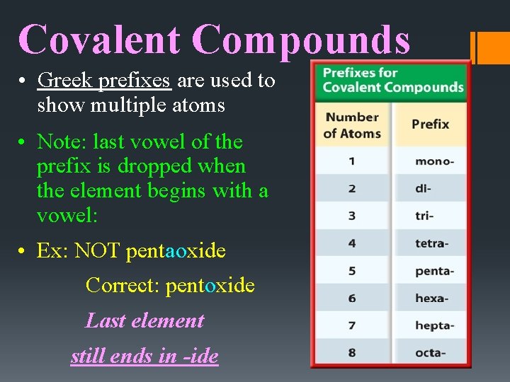 Covalent Compounds • Greek prefixes are used to show multiple atoms • Note: last