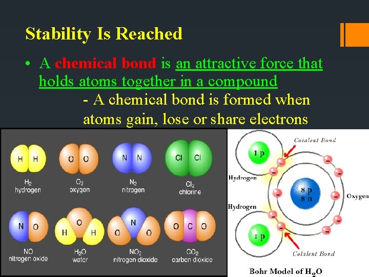 Stability Is Reached • A chemical bond is an attractive force that holds atoms