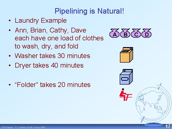 Pipelining is Natural! • Laundry Example • Ann, Brian, Cathy, Dave each have one