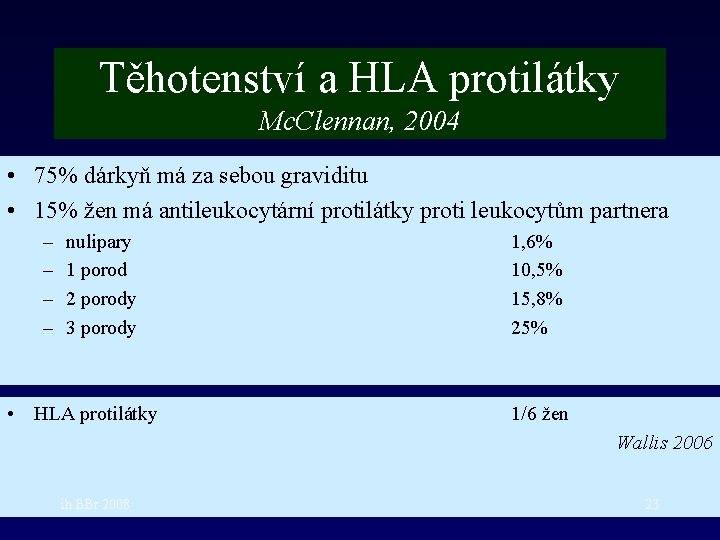 Těhotenství a HLA protilátky Mc. Clennan, 2004 • 75% dárkyň má za sebou graviditu