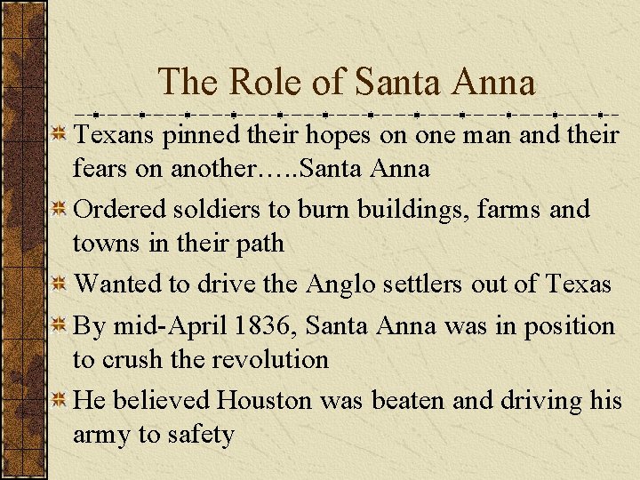 The Role of Santa Anna Texans pinned their hopes on one man and their