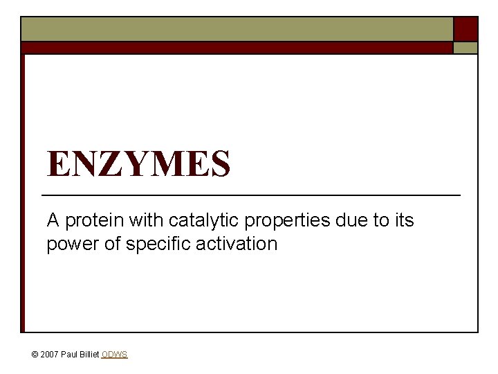 ENZYMES A protein with catalytic properties due to its power of specific activation ©