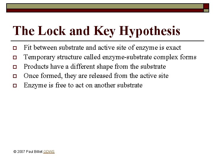The Lock and Key Hypothesis o o o Fit between substrate and active site
