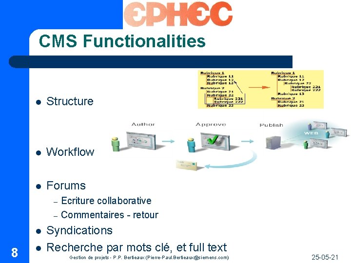 CMS Functionalities l Structure l Workflow l Forums – – l 8 l Ecriture CMS Functionalities l Structure l Workflow l Forums – – l 8 l Ecriture
