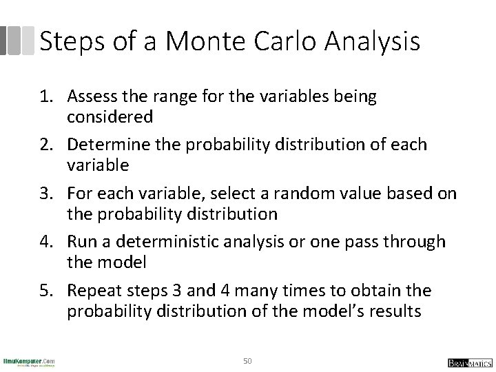 Steps of a Monte Carlo Analysis 1. Assess the range for the variables being