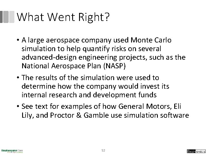 What Went Right? • A large aerospace company used Monte Carlo simulation to help