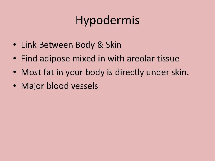 Hypodermis • • Link Between Body & Skin Find adipose mixed in with areolar