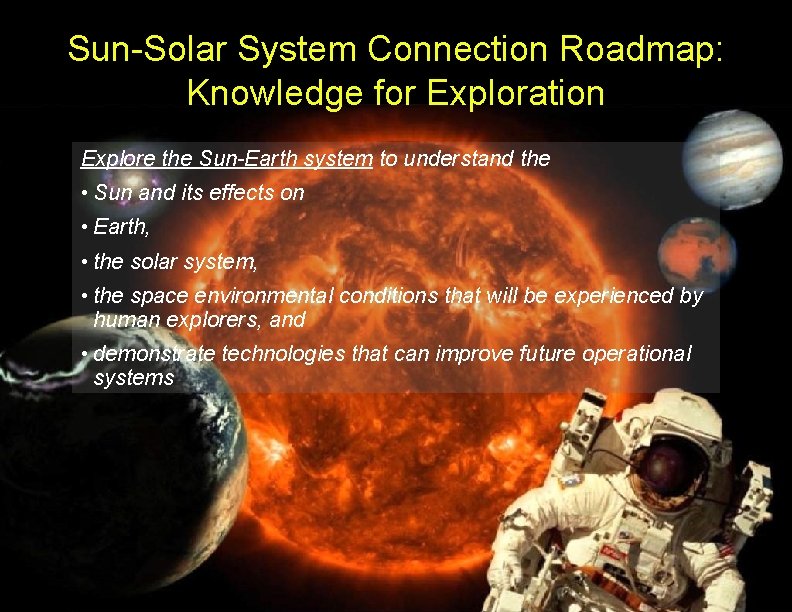 Sun-Solar System Connection Roadmap: Knowledge for Exploration Explore the Sun-Earth system to understand the