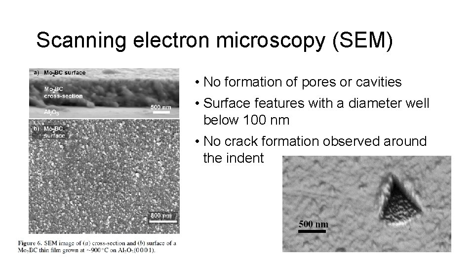 Scanning electron microscopy (SEM) • No formation of pores or cavities • Surface features