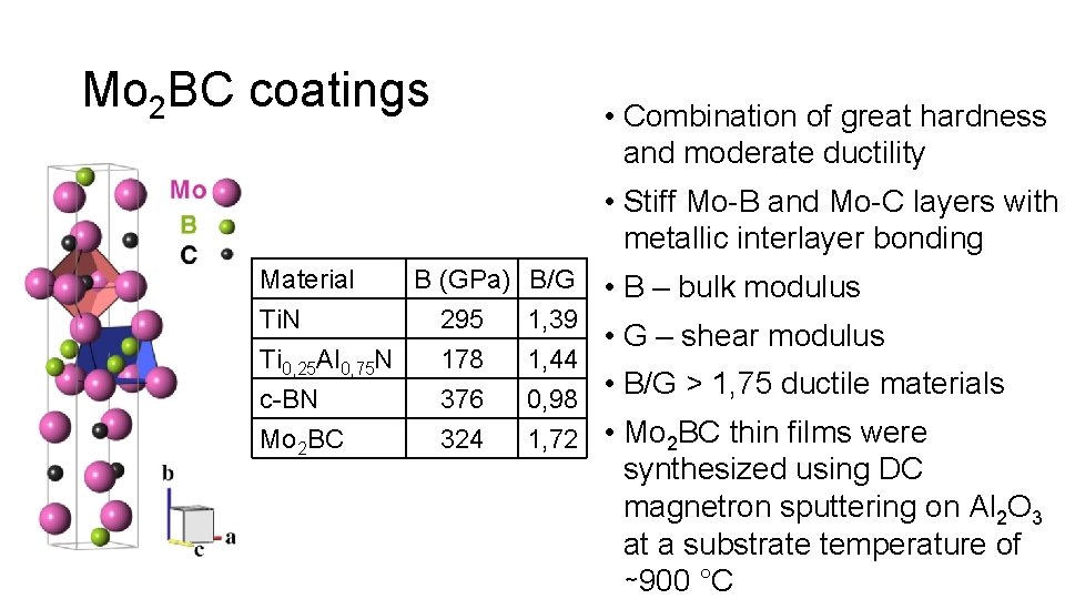 Mo 2 BC coatings • Combination of great hardness and moderate ductility • Stiff