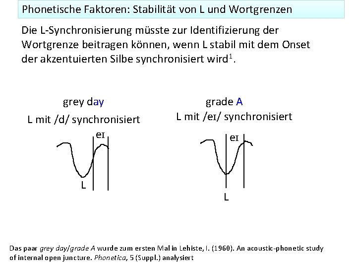 Phonetische Faktoren: Stabilität von L und Wortgrenzen Die L-Synchronisierung müsste zur Identifizierung der Wortgrenze