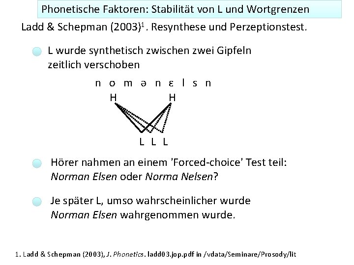 Phonetische Faktoren: Stabilität von L und Wortgrenzen Ladd & Schepman (2003)1. Resynthese und Perzeptionstest.