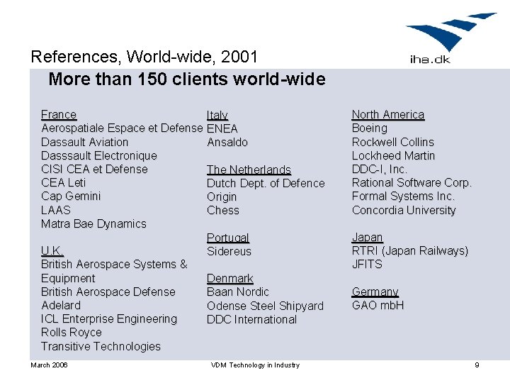 References, World-wide, 2001 More than 150 clients world-wide France Aerospatiale Espace et Defense Dassault