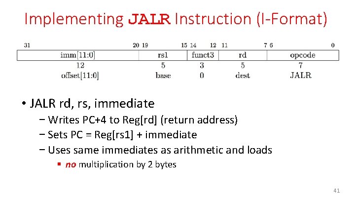 Implementing JALR Instruction (I-Format) • JALR rd, rs, immediate − Writes PC+4 to Reg[rd]