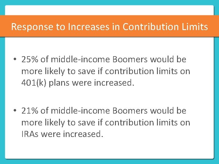 Response to Increases in Contribution Limits • 25% of middle-income Boomers would be more