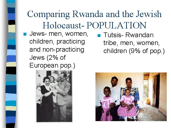Comparing Rwanda and the Jewish Holocaust- POPULATION n Jews- men, women, children, practicing and