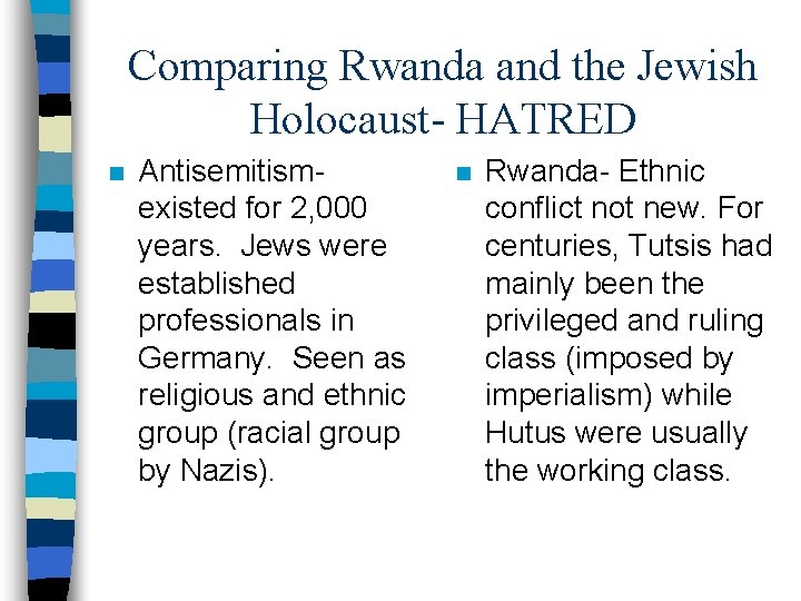 Comparing Rwanda and the Jewish Holocaust- HATRED n Antisemitismexisted for 2, 000 years. Jews