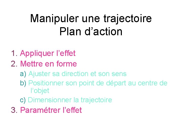 Manipuler une trajectoire Plan d’action 1. Appliquer l’effet 2. Mettre en forme a) Ajuster