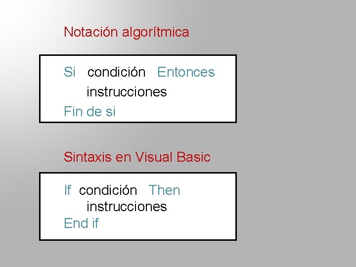 Notación algorítmica Si condición Entonces instrucciones Fin de si Sintaxis en Visual Basic If