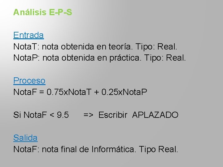 Análisis E-P-S Entrada Nota. T: nota obtenida en teoría. Tipo: Real. Nota. P: nota