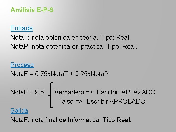 Análisis E-P-S Entrada Nota. T: nota obtenida en teoría. Tipo: Real. Nota. P: nota