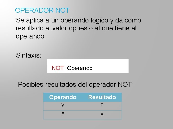 OPERADOR NOT Se aplica a un operando lógico y da como resultado el valor