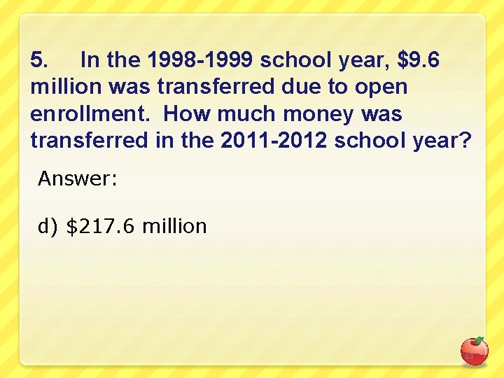 5. In the 1998 -1999 school year, $9. 6 million was transferred due to