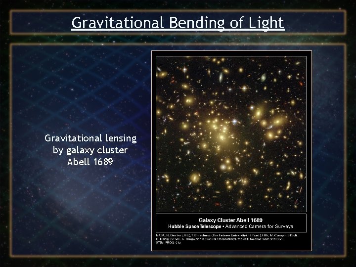 Gravitational Bending of Light Gravitational lensing by galaxy cluster Abell 1689 