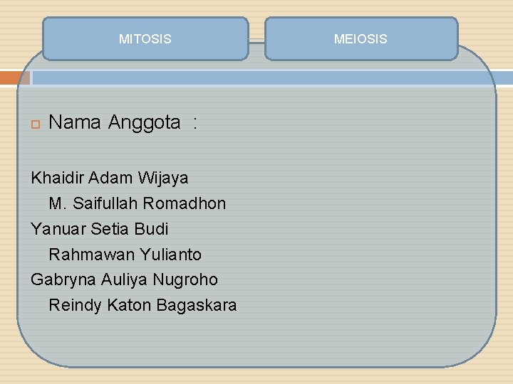 MITOSIS Nama Anggota : Khaidir Adam Wijaya M. Saifullah Romadhon Yanuar Setia Budi Rahmawan