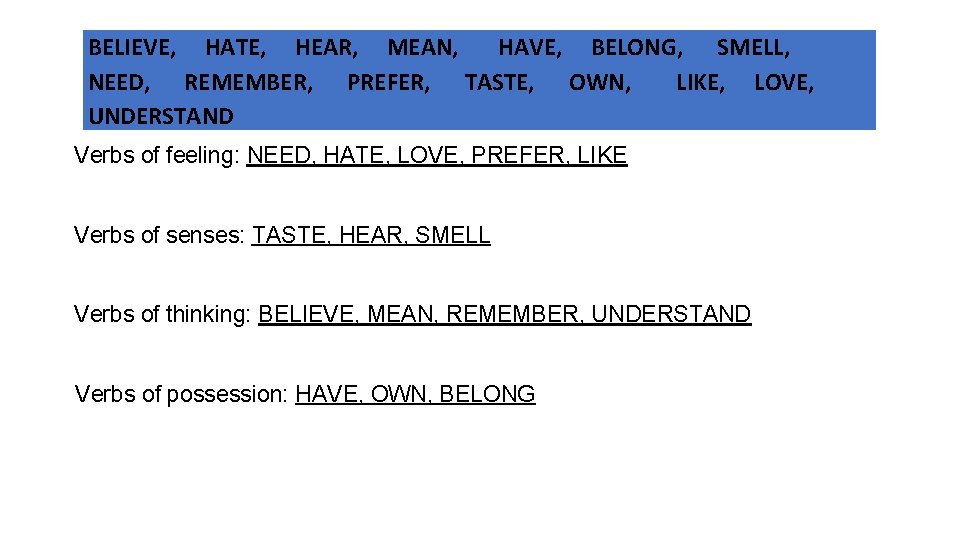 BELIEVE, HATE, HEAR, MEAN, HAVE, BELONG, SMELL, NEED, REMEMBER, PREFER, TASTE, OWN, LIKE, LOVE,