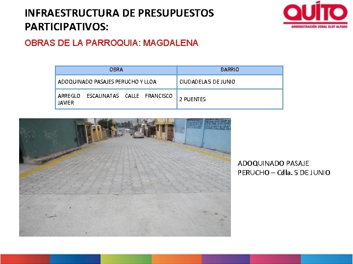 INFRAESTRUCTURA DE PRESUPUESTOS PARTICIPATIVOS: OBRAS DE LA PARROQUIA: MAGDALENA OBRA BARRIO ADOQUINADO PASAJES PERUCHO