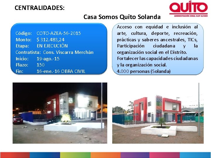 CENTRALIDADES: Casa Somos Quito Solanda Código: COTO-AZEA-56 -2015 Monto: $ 312. 483, 24 Etapa: