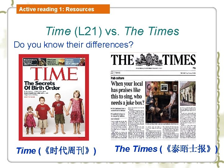 Active reading 1: Resources Time (L 21) vs. The Times Do you know their