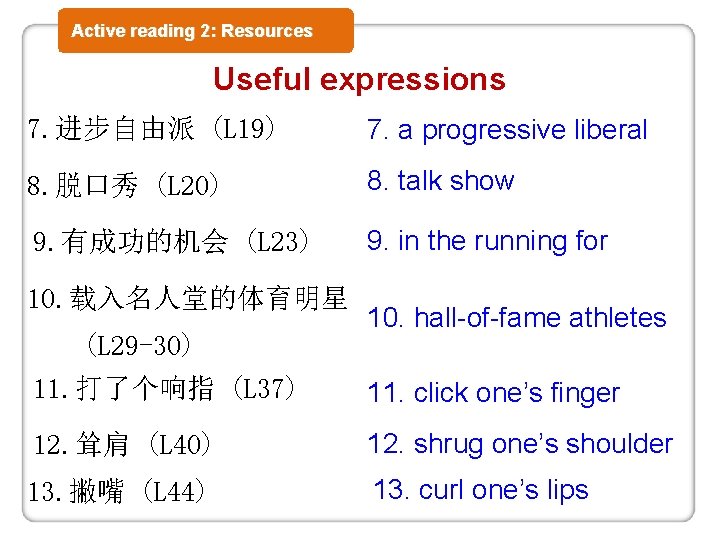 Active reading 2: Resources Useful expressions 7. 进步自由派 (L 19) 7. a progressive liberal