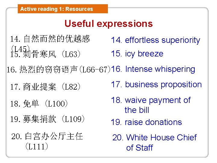 Active reading 1: Resources Useful expressions 14. 自然而然的优越感 (L 45) 15. 刺骨寒风 (L 63)