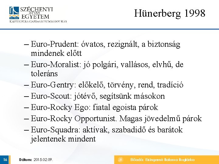 Hünerberg 1998 – Euro-Prudent: óvatos, rezignált, a biztonság mindenek előtt – Euro-Moralist: jó polgári,
