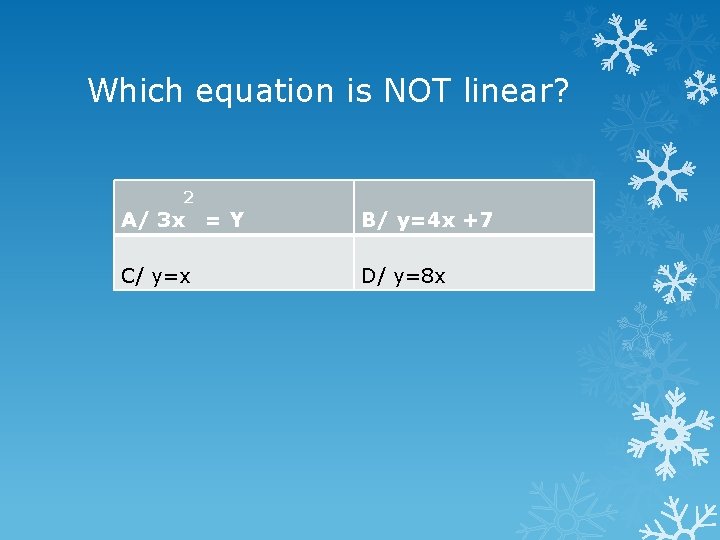 Which equation is NOT linear? 2 A/ 3 x C/ y=x =Y B/ y=4