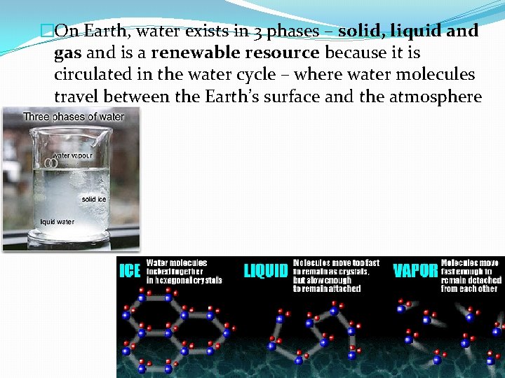 �On Earth, water exists in 3 phases – solid, liquid and gas and is