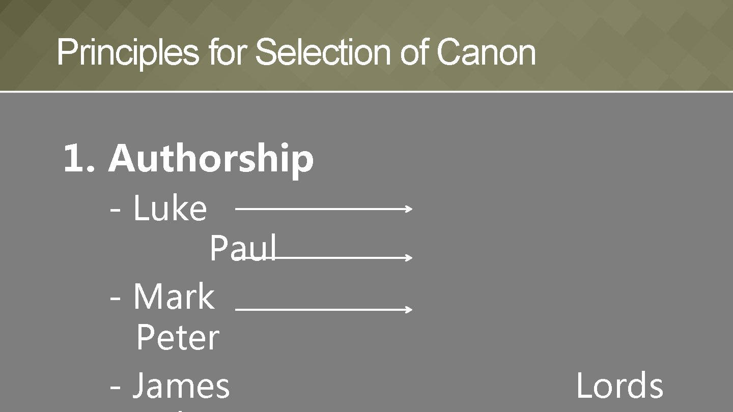 Principles for Selection of Canon 1. Authorship - Luke Paul - Mark Peter -