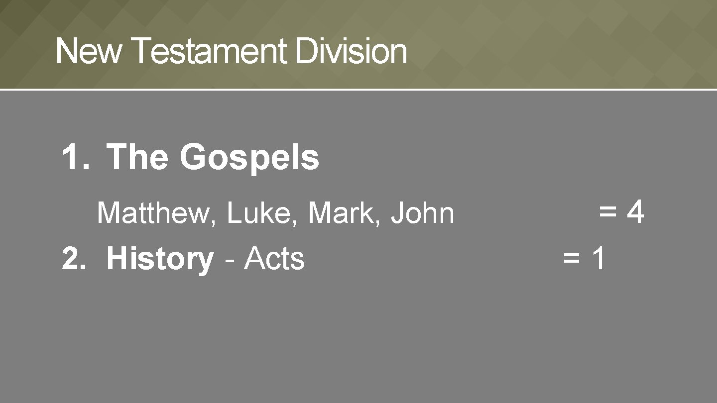 New Testament Division 1. The Gospels Matthew, Luke, Mark, John 2. History - Acts