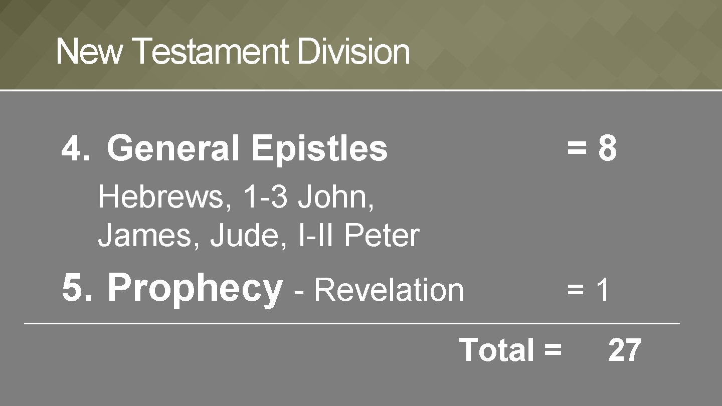 New Testament Division 4. General Epistles =8 Hebrews, 1 -3 John, James, Jude, I-II