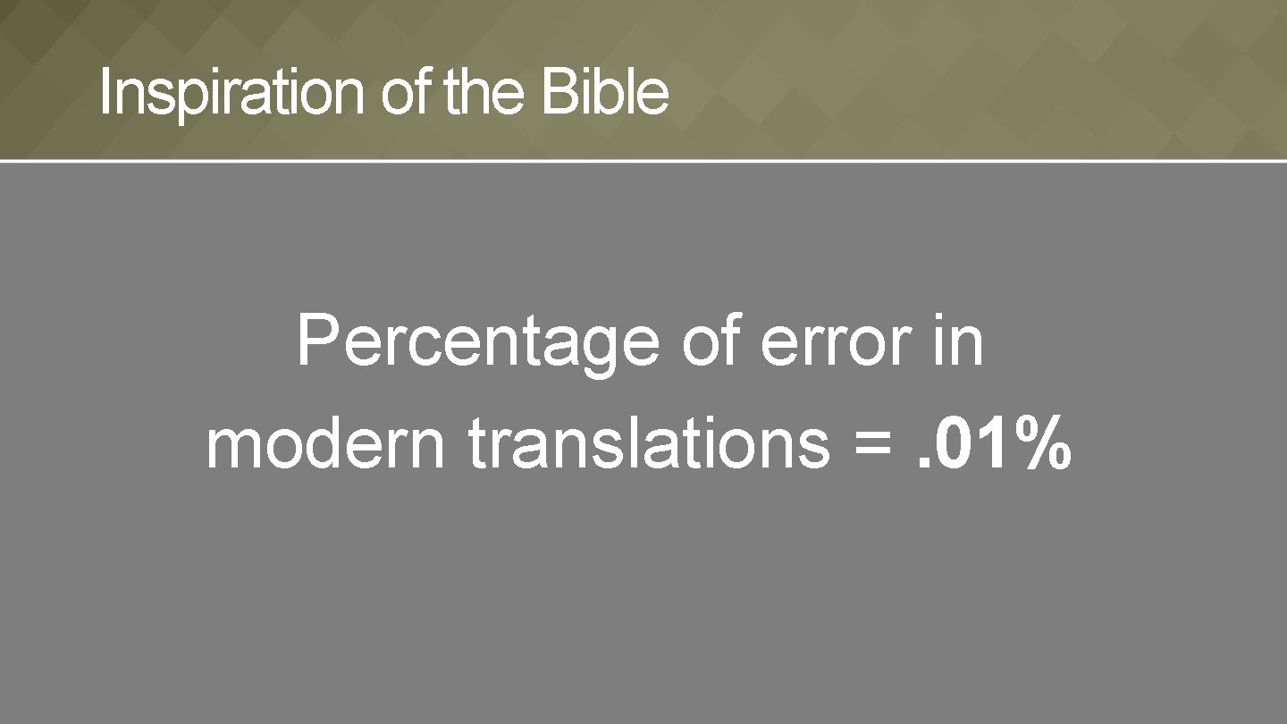 Inspiration of the Bible Percentage of error in modern translations =. 01% 