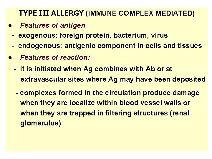 TYPE III ALLERGY (IMMUNE COMPLEX MEDIATED) ● Features of antigen - exogenous: foreign protein,