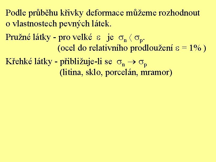 Podle průběhu křivky deformace můžeme rozhodnout o vlastnostech pevných látek. Pružné látky - pro