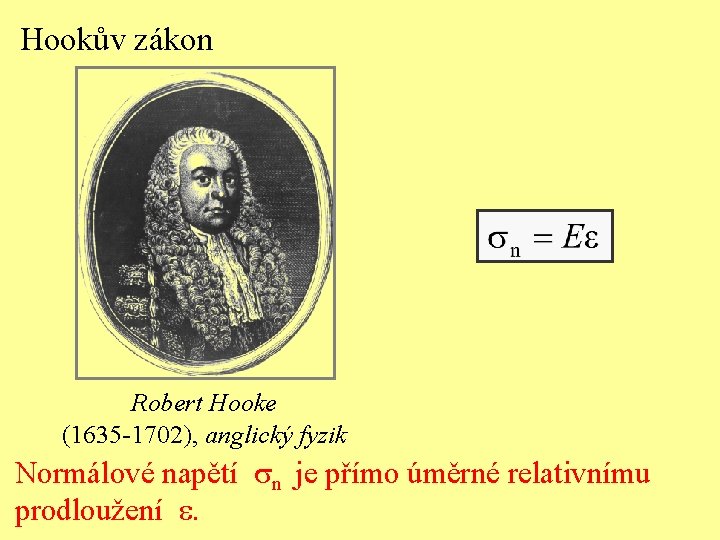 Hookův zákon Robert Hooke (1635 -1702), anglický fyzik Normálové napětí n je přímo úměrné