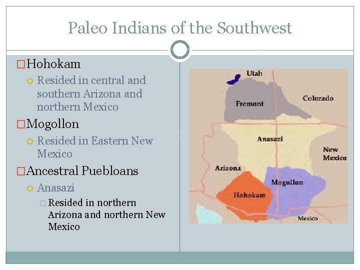 Paleo Indians of the Southwest �Hohokam Resided in central and southern Arizona and northern