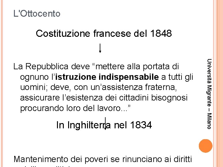 L'Ottocento Costituzione francese del 1848 In Inghilterra nel 1834 Mantenimento dei poveri se rinunciano